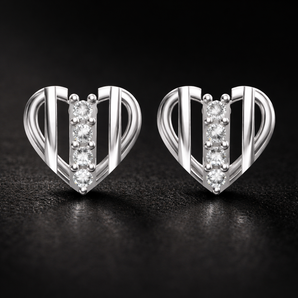 Striped Heart AD Diamond Stud Earrings in 925 Sterling Silver