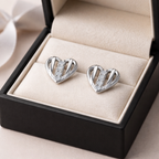 Striped Heart AD Diamond Stud Earrings in 925 Sterling Silver