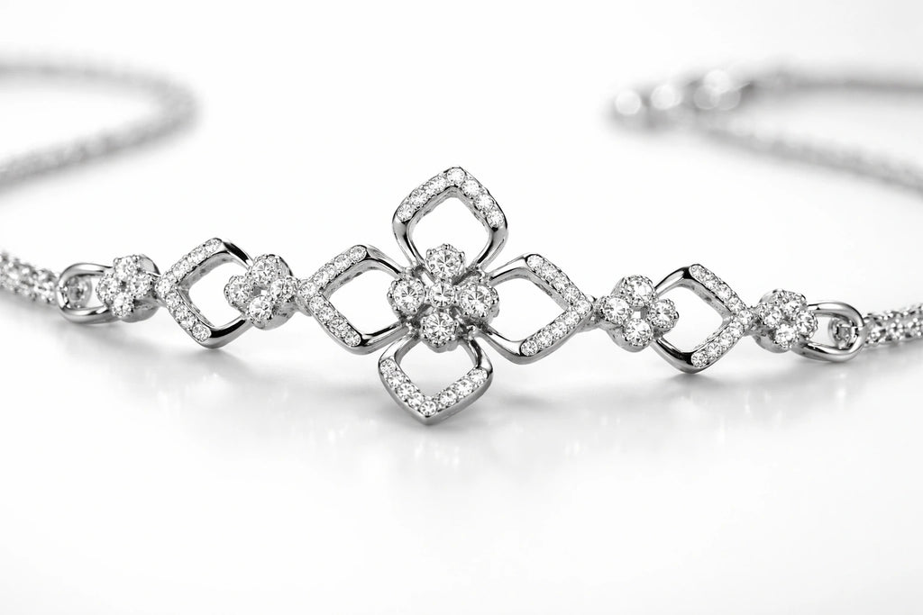 925 Sterling Silver Diamond Chain Bracelet for Women – Elegant Floral