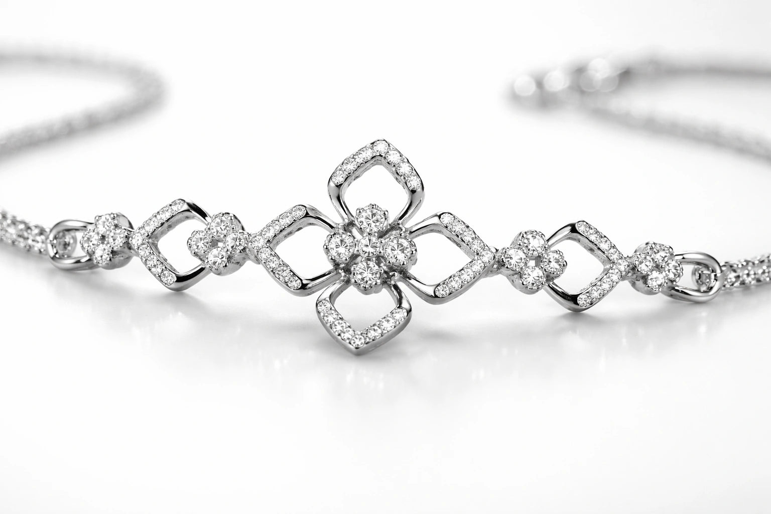 925 Sterling Silver Diamond Chain Bracelet for Women – Elegant Floral