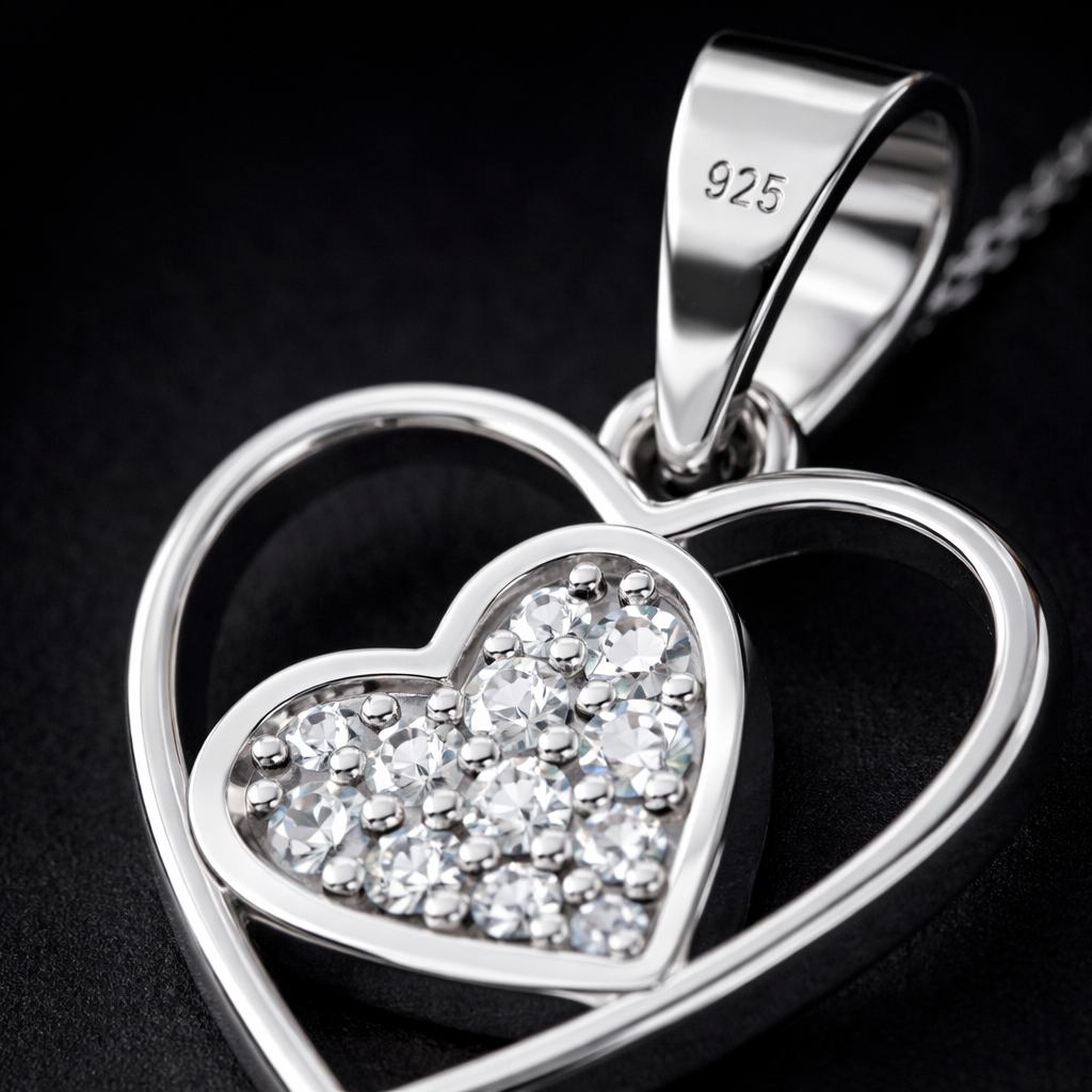 Double Heart AD Diamond Pendant in 925 Sterling Silver
