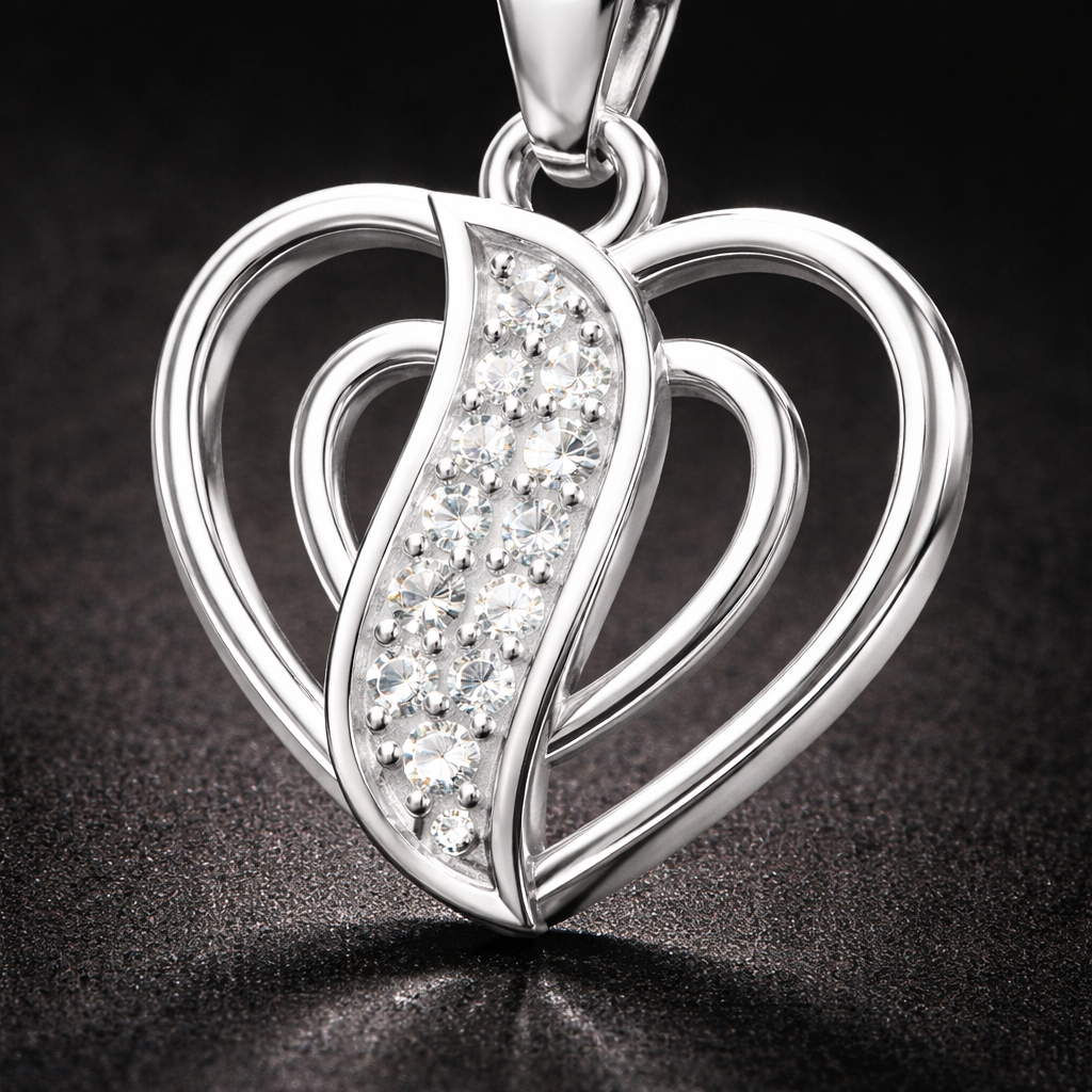 Double Heart AD Diamond Pendant in 925 Sterling Silver