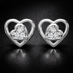 Layered Tilt Heart Cluster AD Diamond Stud Earrings in 925 Sterling Silver