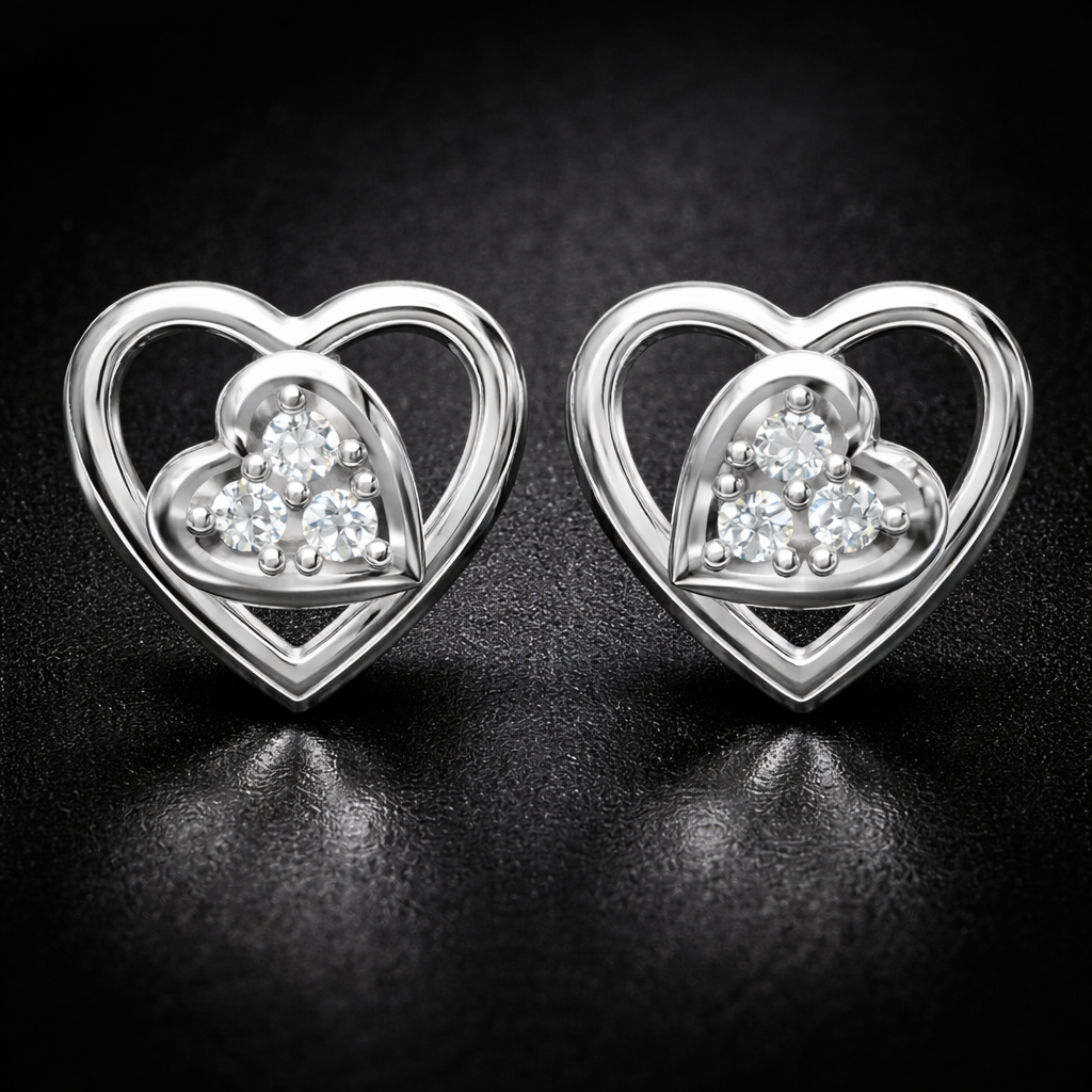 Layered Tilt Heart Cluster AD Diamond Stud Earrings in 925 Sterling Silver