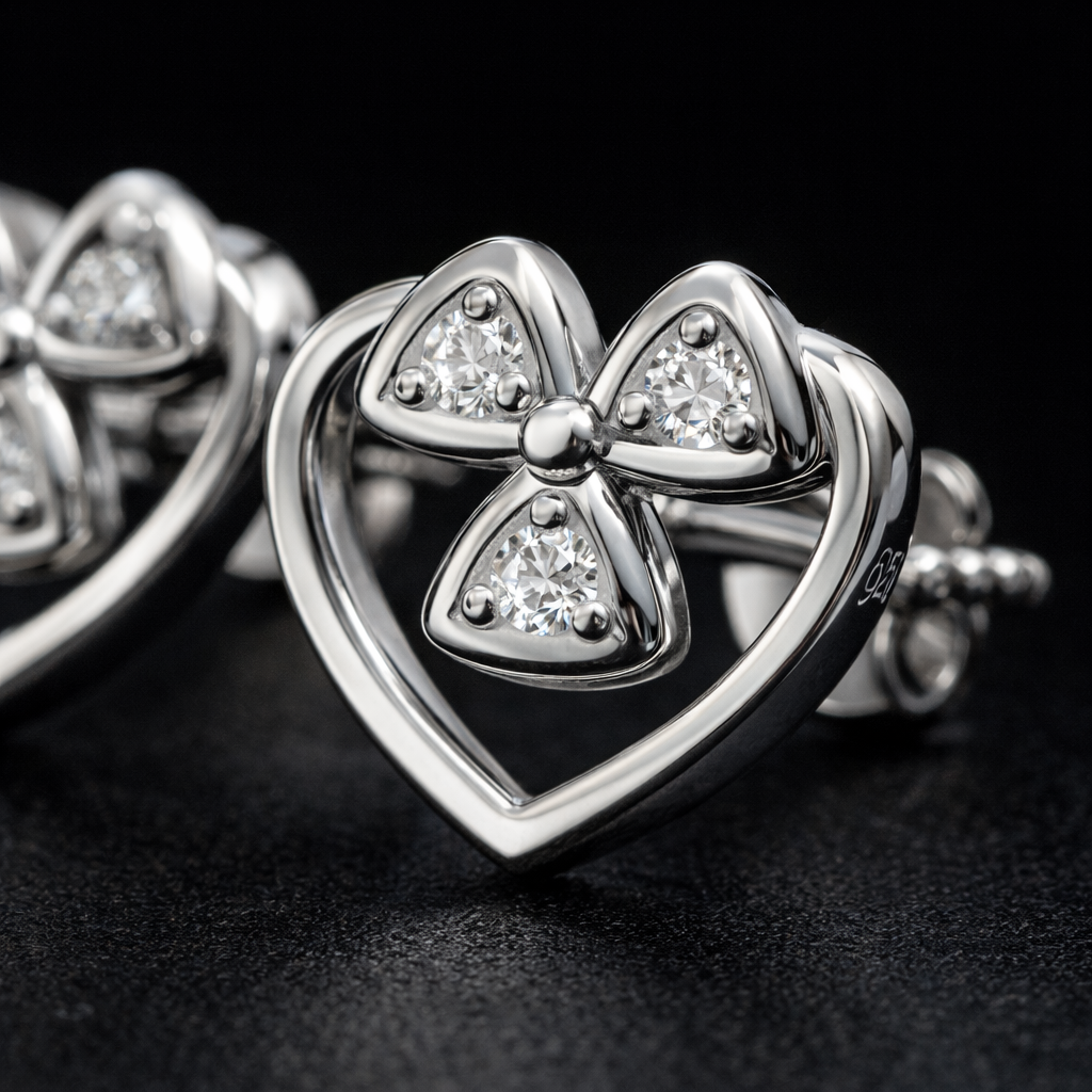 Heart Clover Cluster AD Diamond Stud Earrings in 925 Sterling Silver
