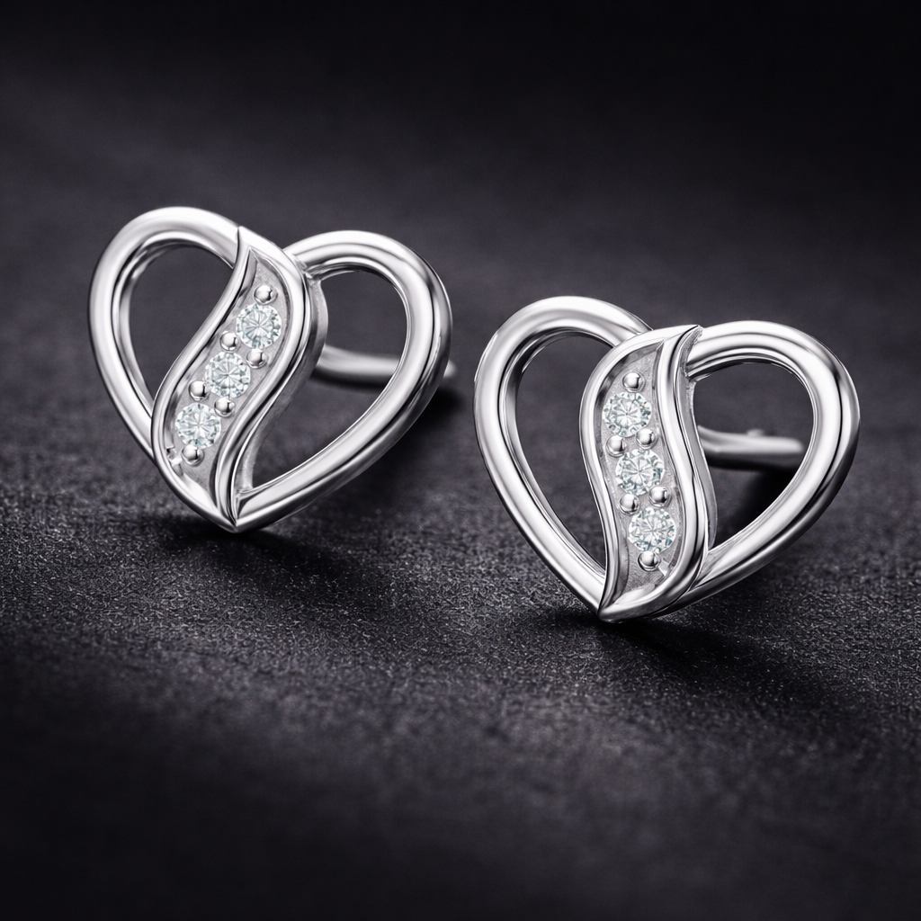 Wave Heart AD Diamond Stud Earrings in 925 Sterling Silver