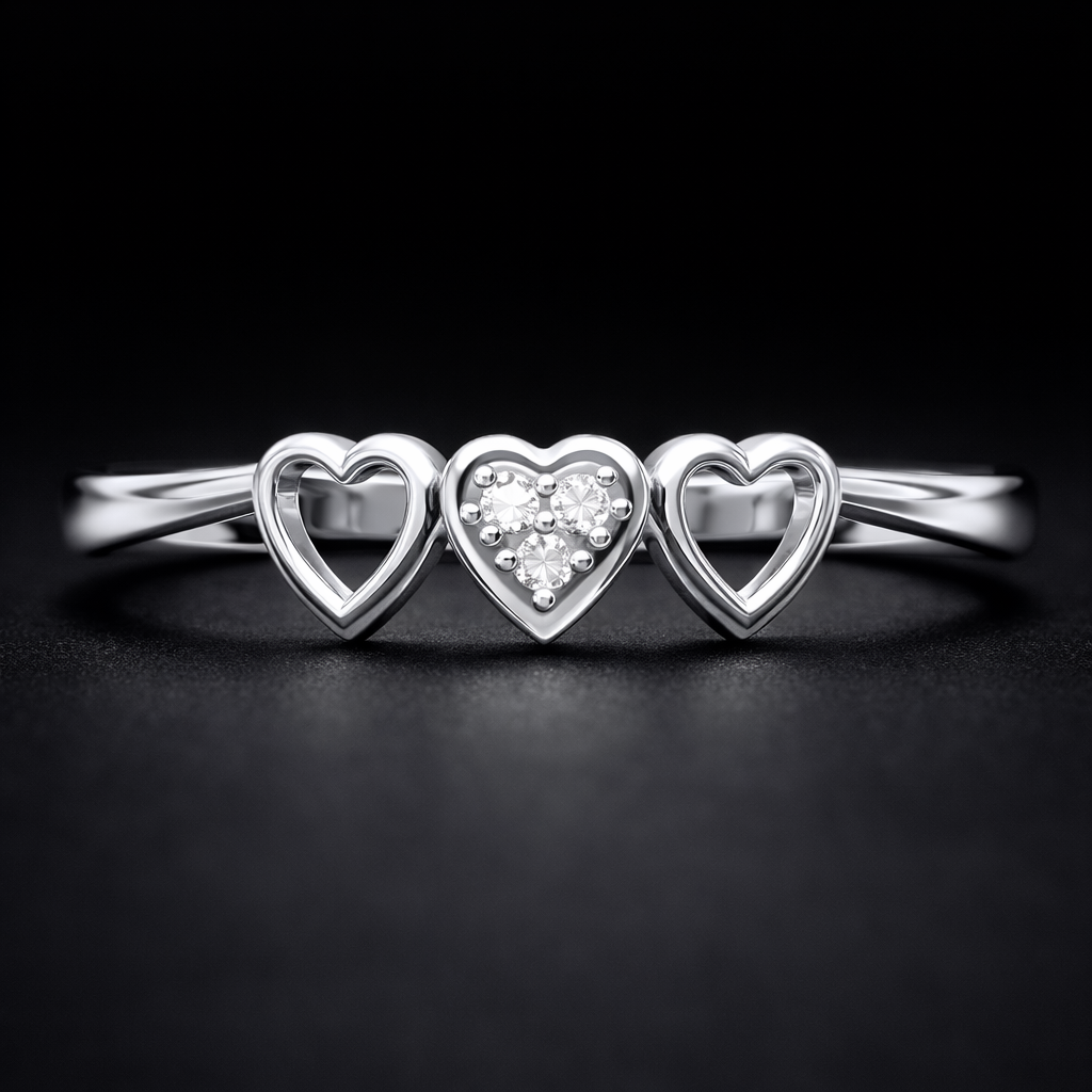 Triple Heart AD Diamond Ring in 925 Sterling Silver