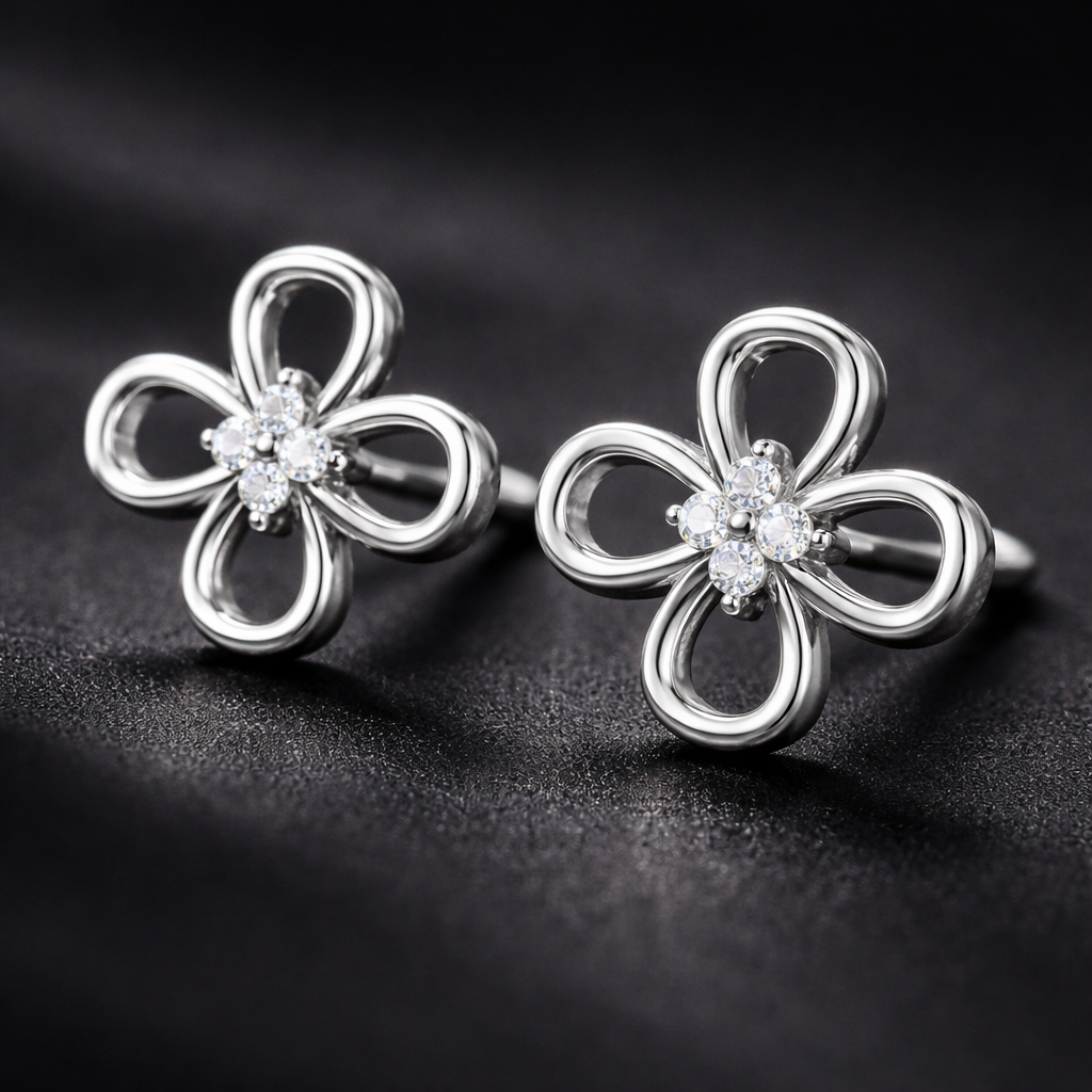 Floral Loop AD Diamond Stud Earrings in 925 Sterling Silver
