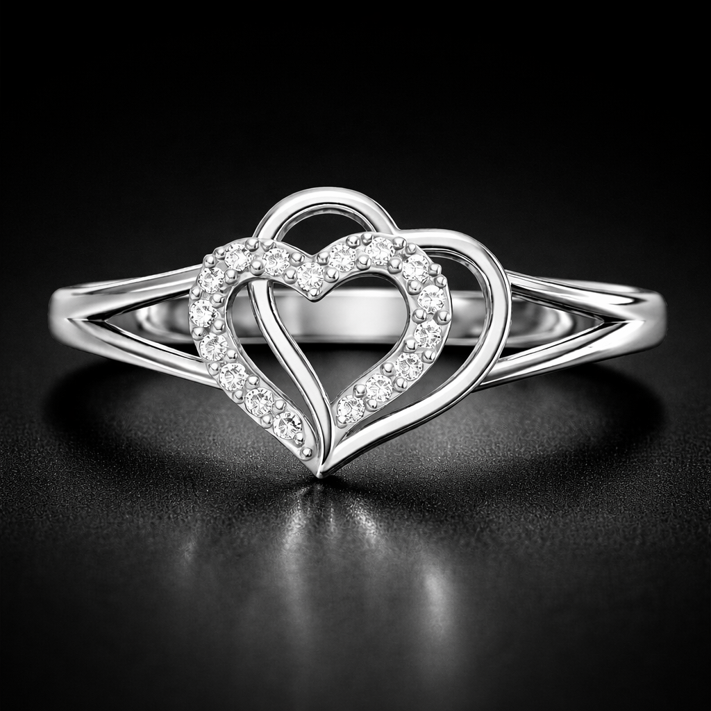Double Heart AD Diamond Ring in 925 Sterling Silver