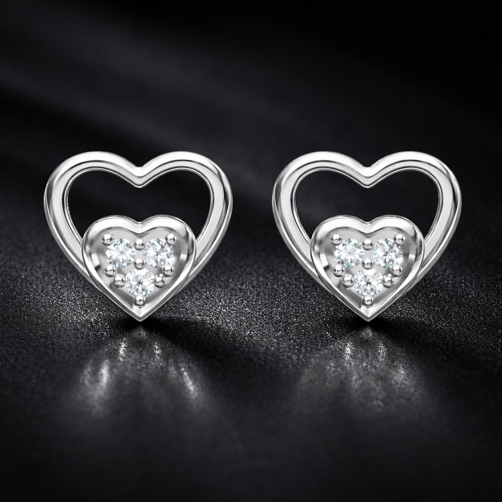 Double Heart Cluster AD Diamond Stud Earrings in 925 Sterling Silver