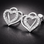 Double Layer Sparkle Heart AD Diamond Stud Earrings in 925 Sterling Silver