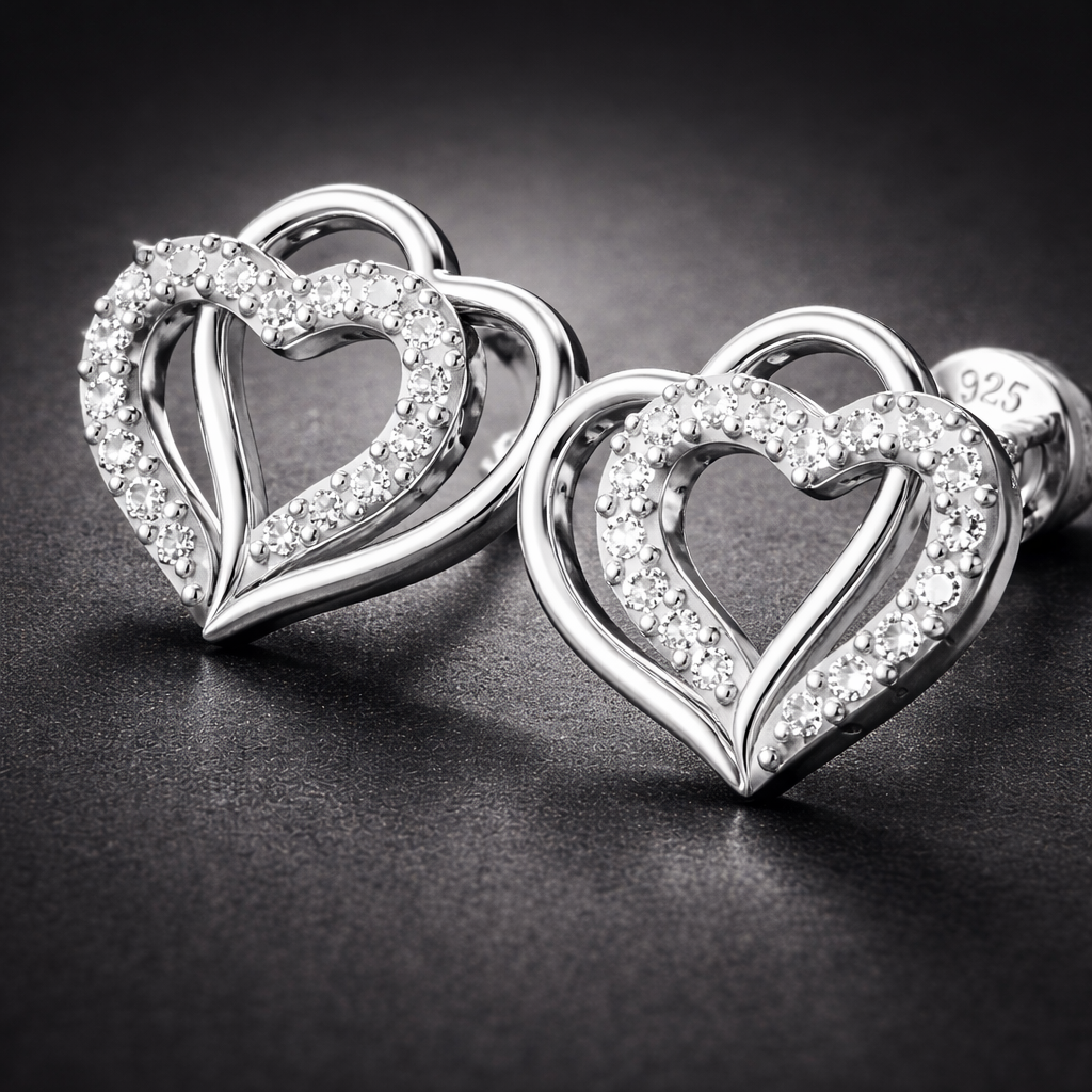 Double Layer Sparkle Heart AD Diamond Stud Earrings in 925 Sterling Silver