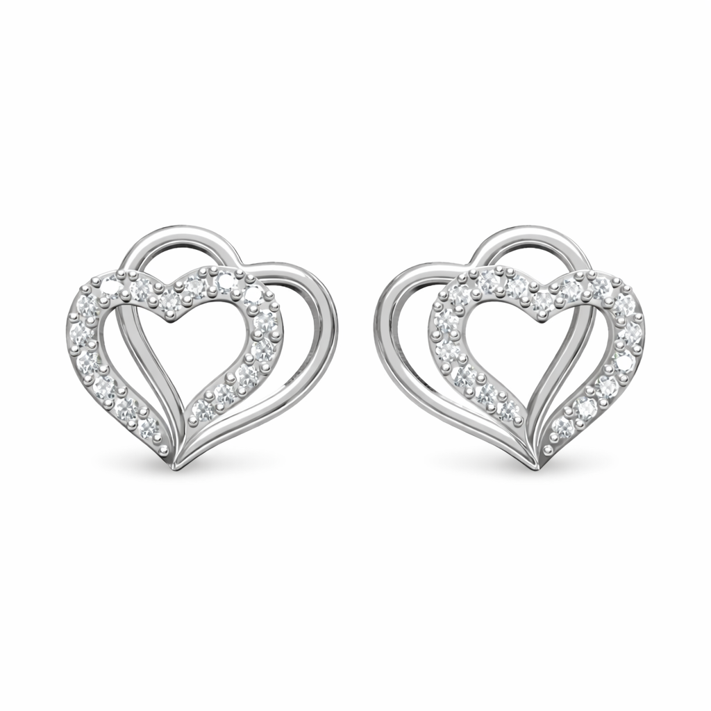 Double Layer Sparkle Heart AD Diamond Stud Earrings in 925 Sterling Silver