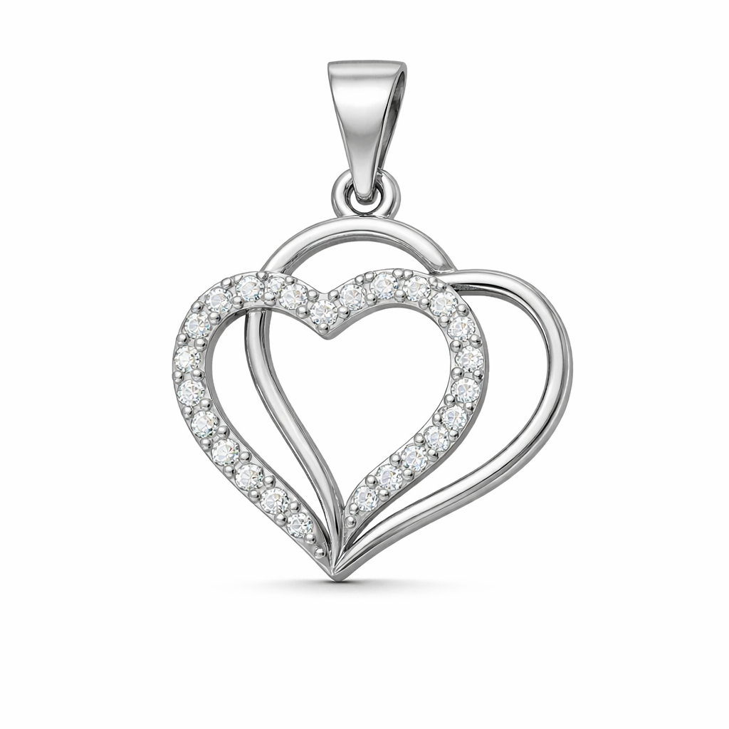 Double Layer Heart AD Diamond Pendant in 925 Sterling Silver