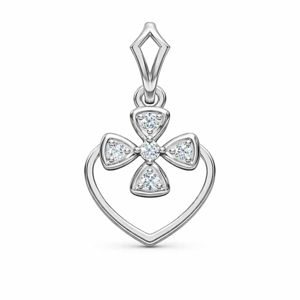 Floral Heart AD Diamond Pendant in 925 Sterling Silver
