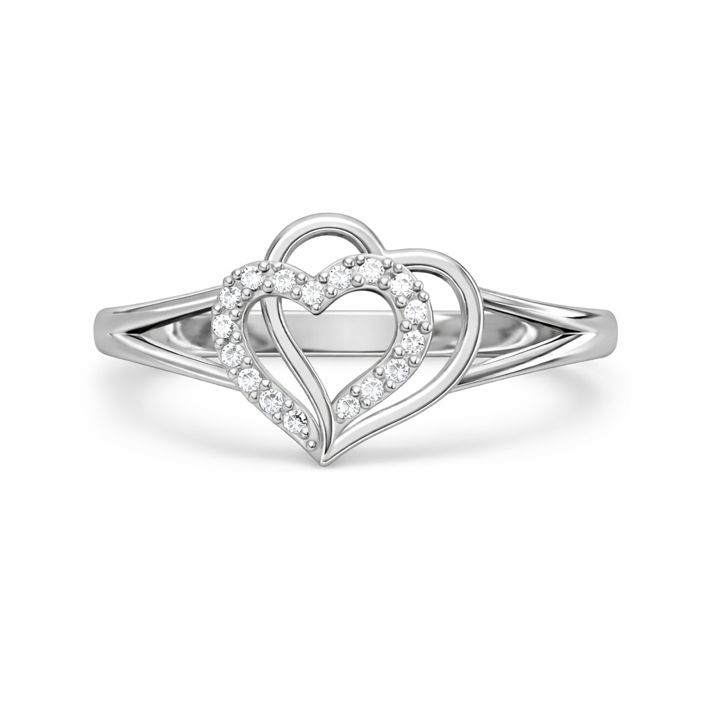 Double Heart AD Diamond Ring in 925 Sterling Silver