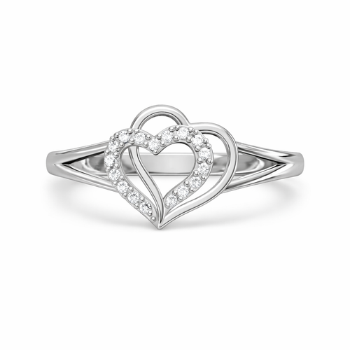 Double Heart AD Diamond Ring in 925 Sterling Silver