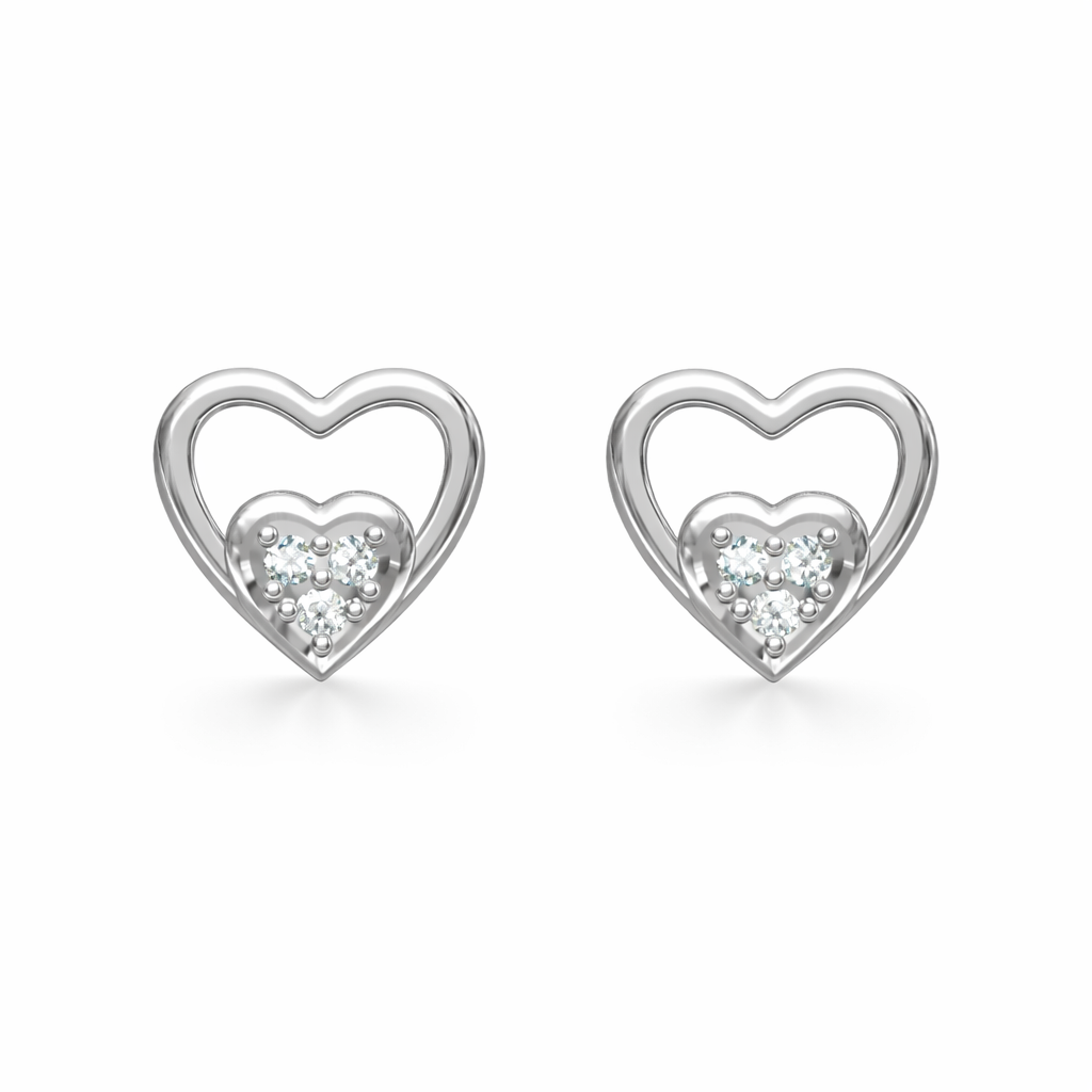 Double Heart Cluster AD Diamond Stud Earrings in 925 Sterling Silver