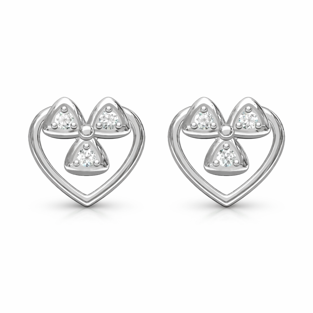 Heart Clover Cluster AD Diamond Stud Earrings in 925 Sterling Silver