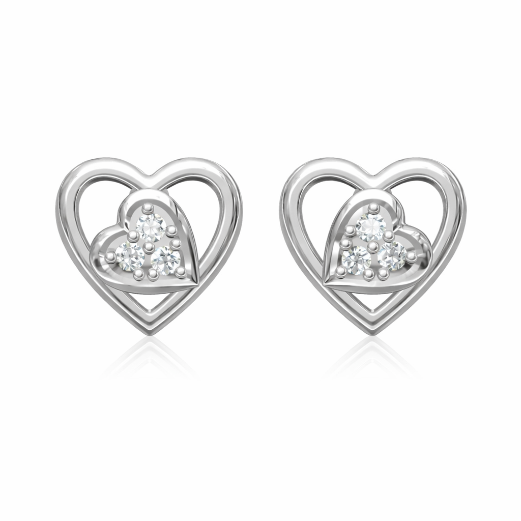 Layered Tilt Heart Cluster AD Diamond Stud Earrings in 925 Sterling Silver