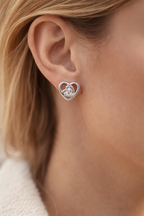 Layered Tilt Heart Cluster AD Diamond Stud Earrings in 925 Sterling Silver