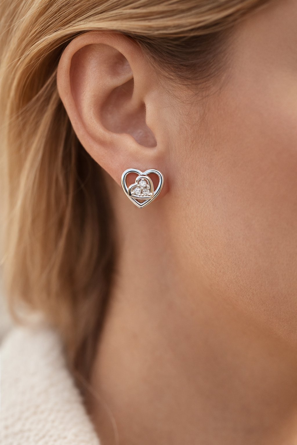 Layered Tilt Heart Cluster AD Diamond Stud Earrings in 925 Sterling Silver