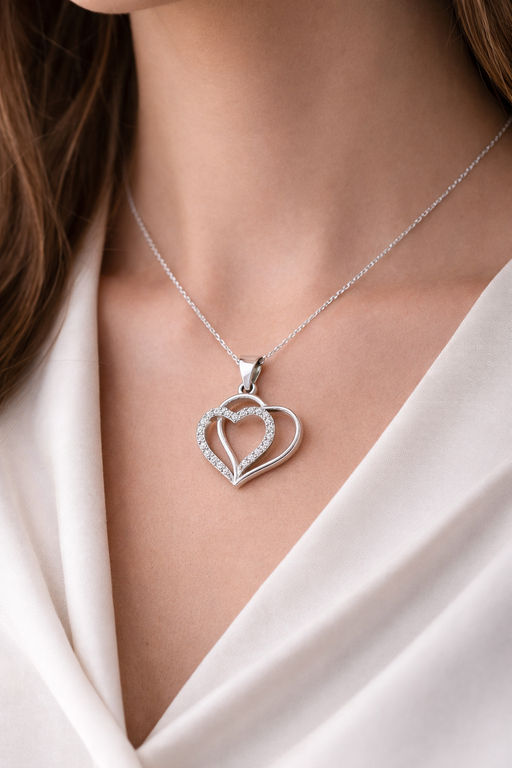 Double Layer Heart AD Diamond Pendant in 925 Sterling Silver