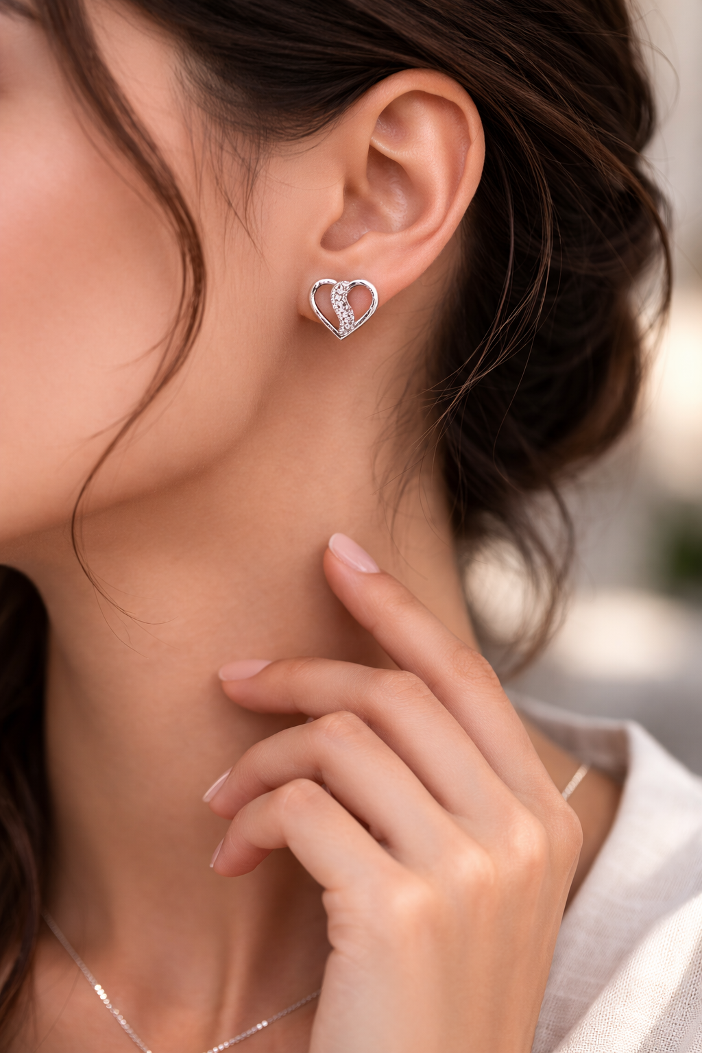 Wave Heart AD Diamond Stud Earrings in 925 Sterling Silver