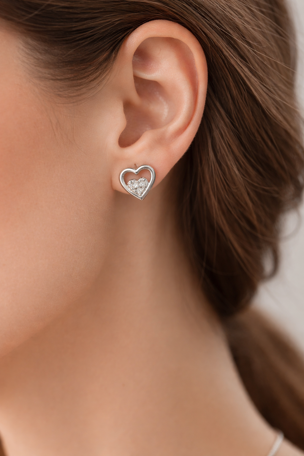 Double Heart Cluster AD Diamond Stud Earrings in 925 Sterling Silver