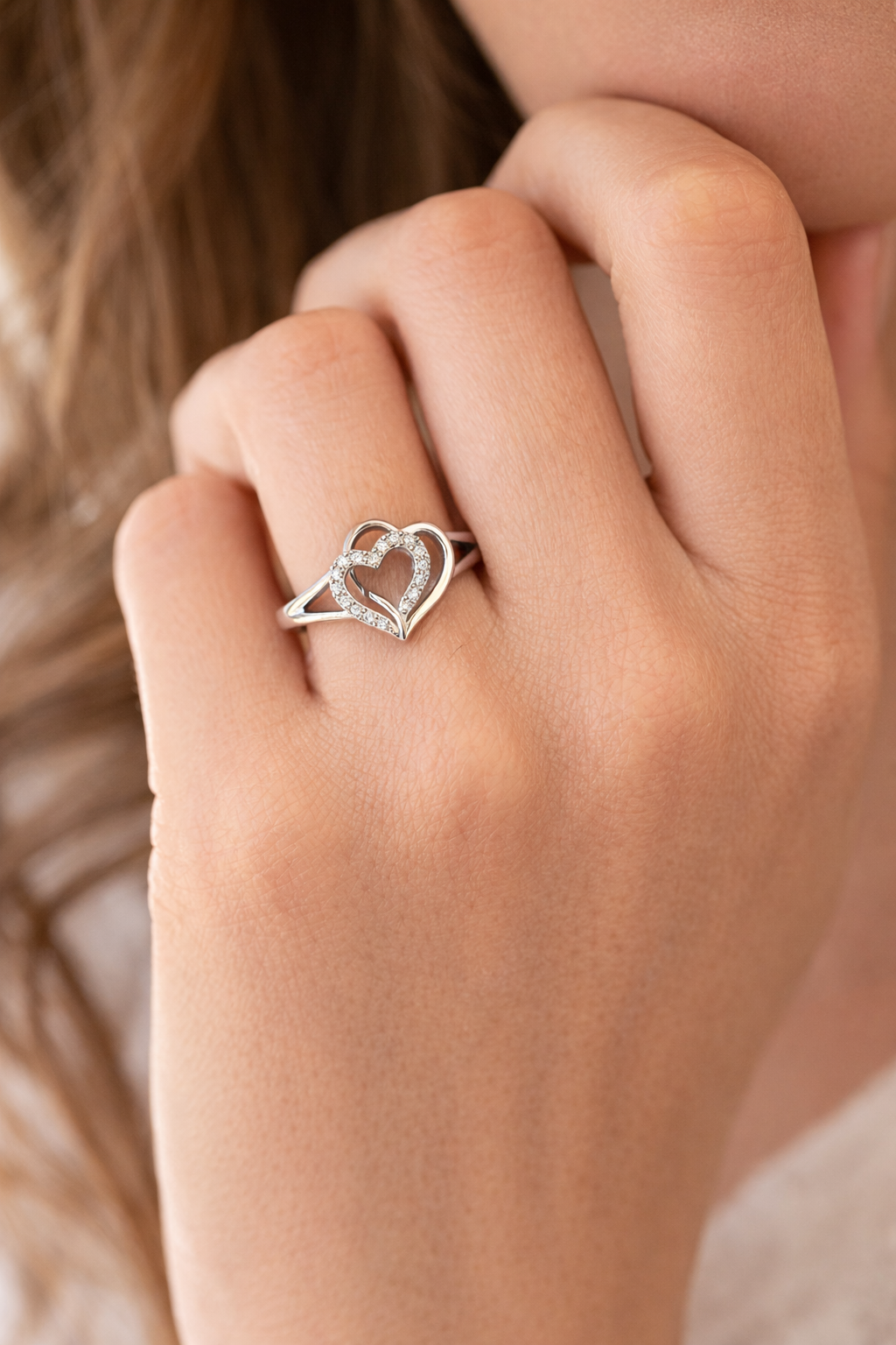 Double Heart AD Diamond Ring in 925 Sterling Silver