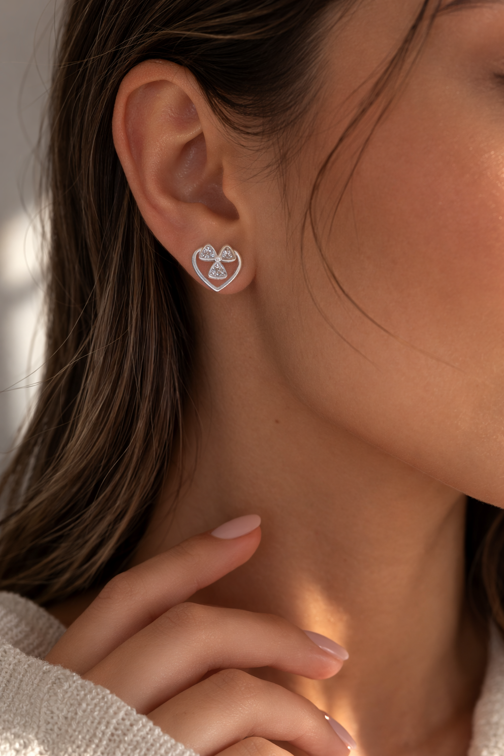 Heart Clover Cluster AD Diamond Stud Earrings in 925 Sterling Silver