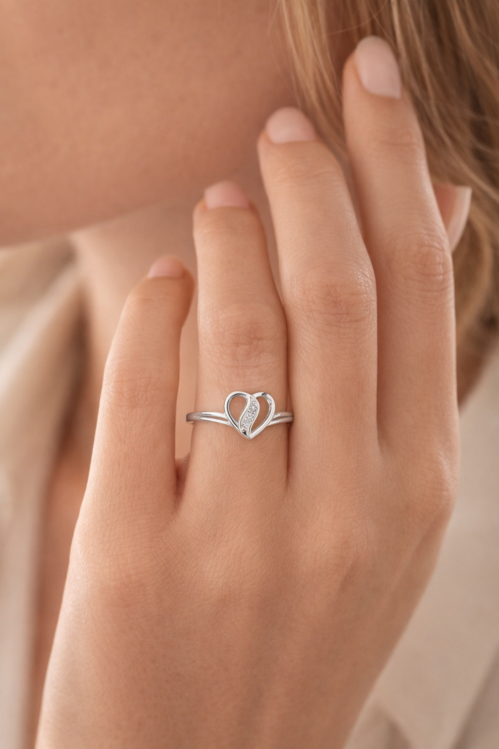 Elegant Double Heart AD Diamond Ring in 925 Sterling Silver