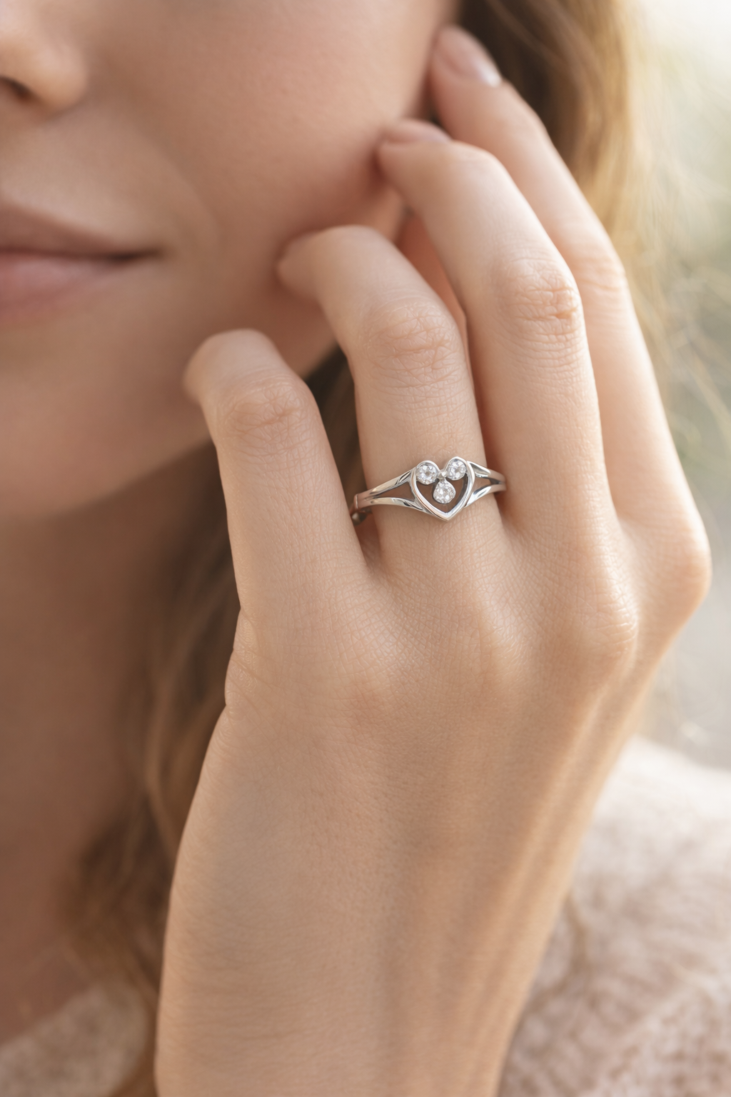 Heart Petal Cluster AD Diamond Ring in 925 Sterling Silver