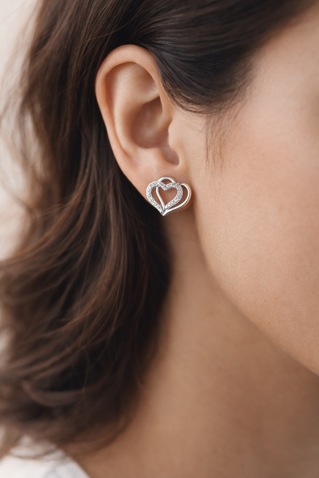 Double Layer Sparkle Heart AD Diamond Stud Earrings in 925 Sterling Silver