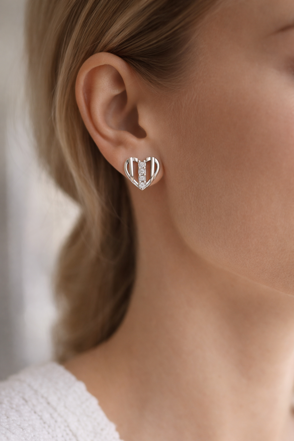 Striped Heart AD Diamond Stud Earrings in 925 Sterling Silver