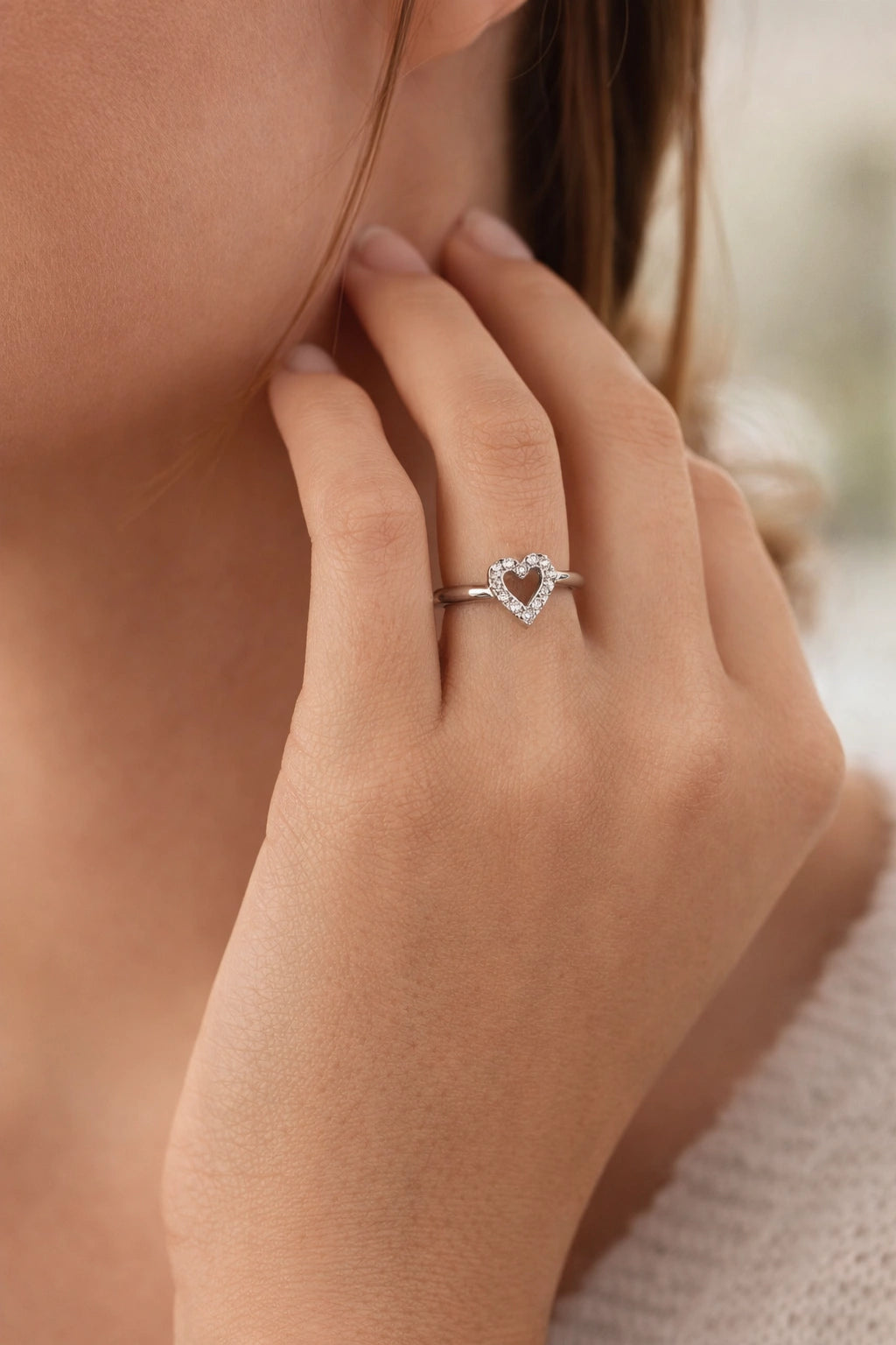 925 Sterling Silver Heart-Shaped Diamond Studded Ring for Women – Elegant Open Heart Design