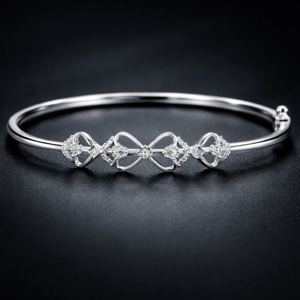 925 Sterling Silver Diamond Bow Design Bangle Bracelet for Women – Elegant Minimal Style
