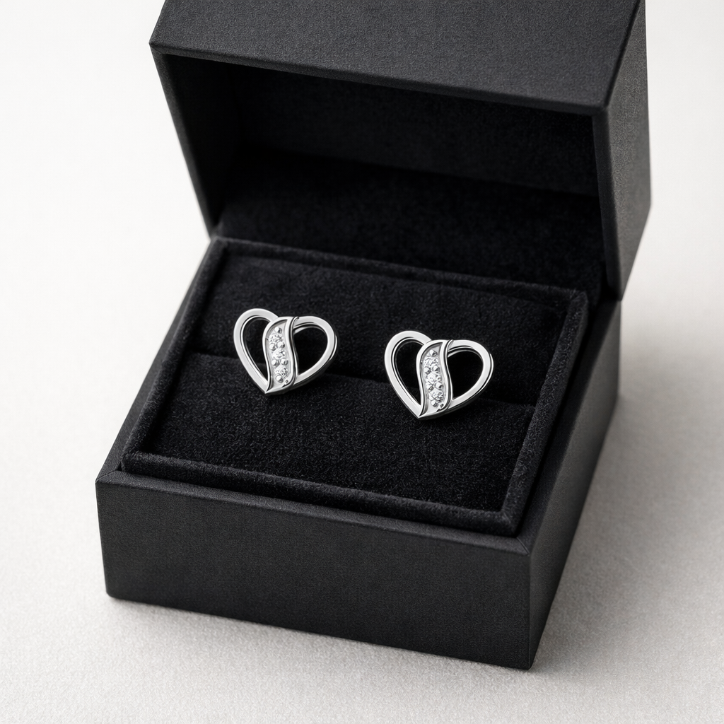 Wave Heart AD Diamond Stud Earrings in 925 Sterling Silver