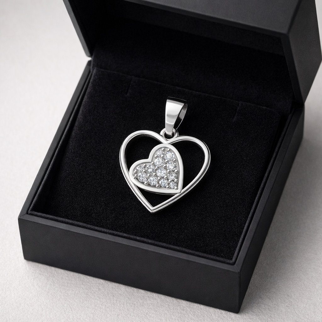 Double Heart AD Diamond Pendant in 925 Sterling Silver