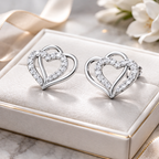 Double Layer Sparkle Heart AD Diamond Stud Earrings in 925 Sterling Silver