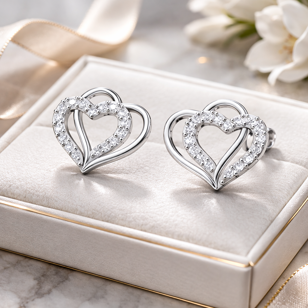 Double Layer Sparkle Heart AD Diamond Stud Earrings in 925 Sterling Silver