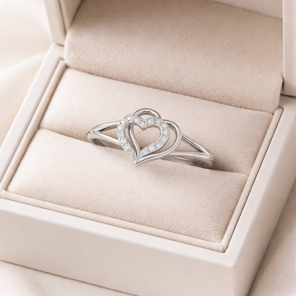 Double Heart AD Diamond Ring in 925 Sterling Silver