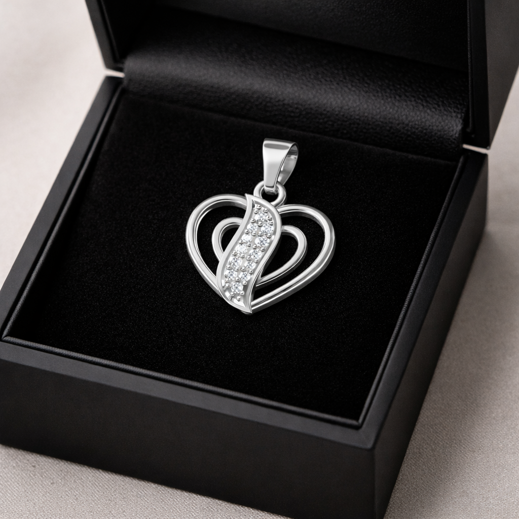 Double Heart AD Diamond Pendant in 925 Sterling Silver