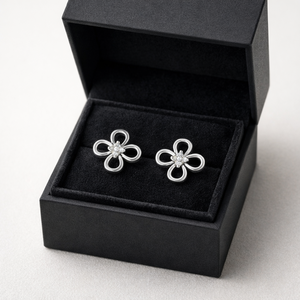 Floral Loop AD Diamond Stud Earrings in 925 Sterling Silver