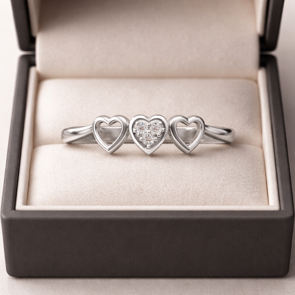 Triple Heart AD Diamond Ring in 925 Sterling Silver