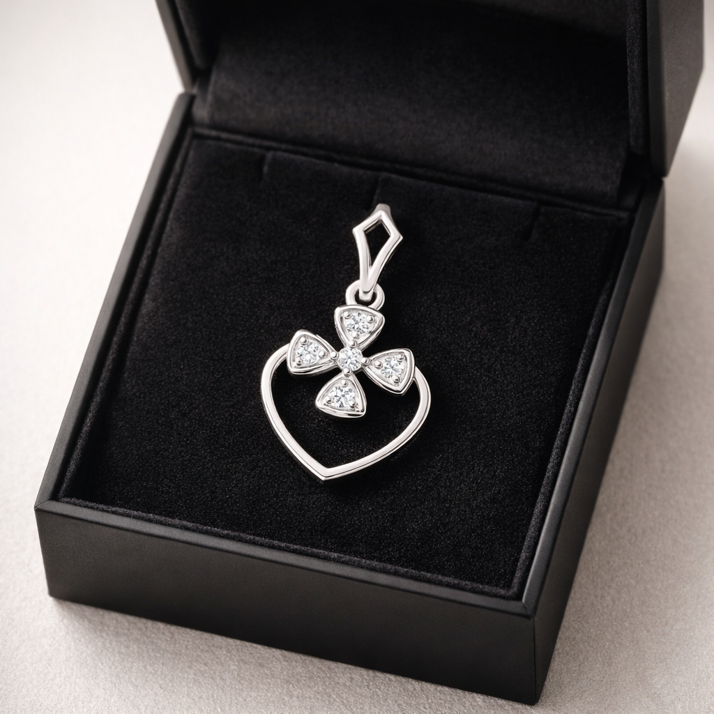 Floral Heart AD Diamond Pendant in 925 Sterling Silver
