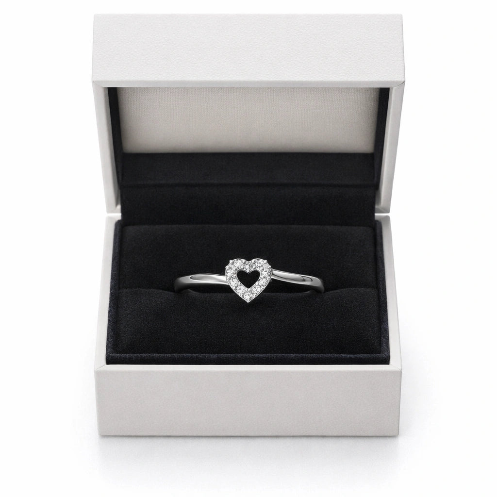 925 Sterling Silver Heart-Shaped Diamond Studded Ring for Women – Elegant Open Heart Design