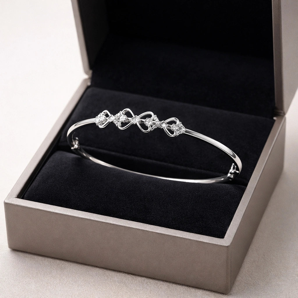 925 Sterling Silver Diamond Bow Design Bangle Bracelet for Women – Elegant Minimal Style