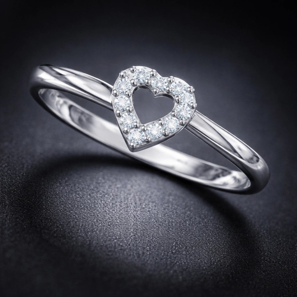 925 Sterling Silver Heart-Shaped Diamond Studded Ring for Women – Elegant Open Heart Design