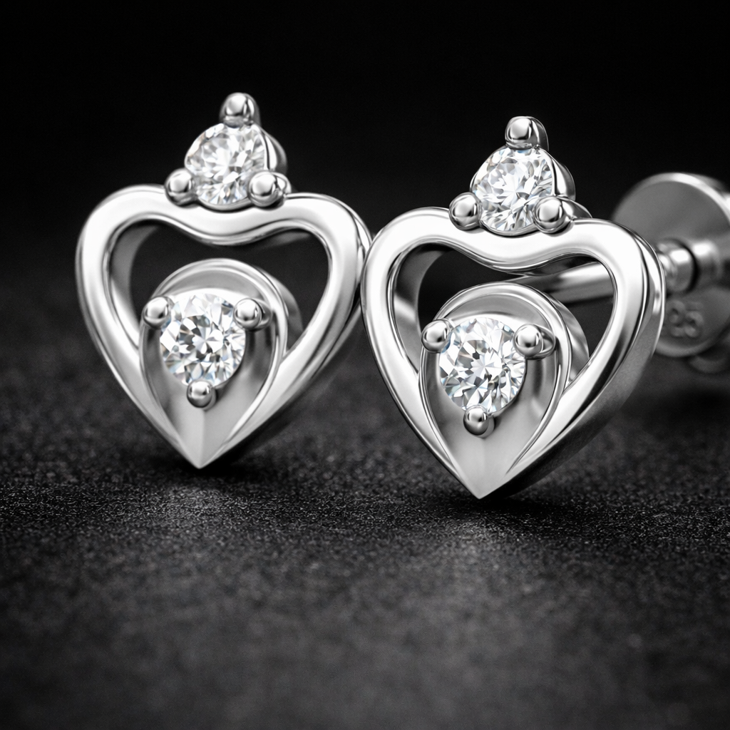 Heart-shaped silver earrings with clear gemstones on a dark background